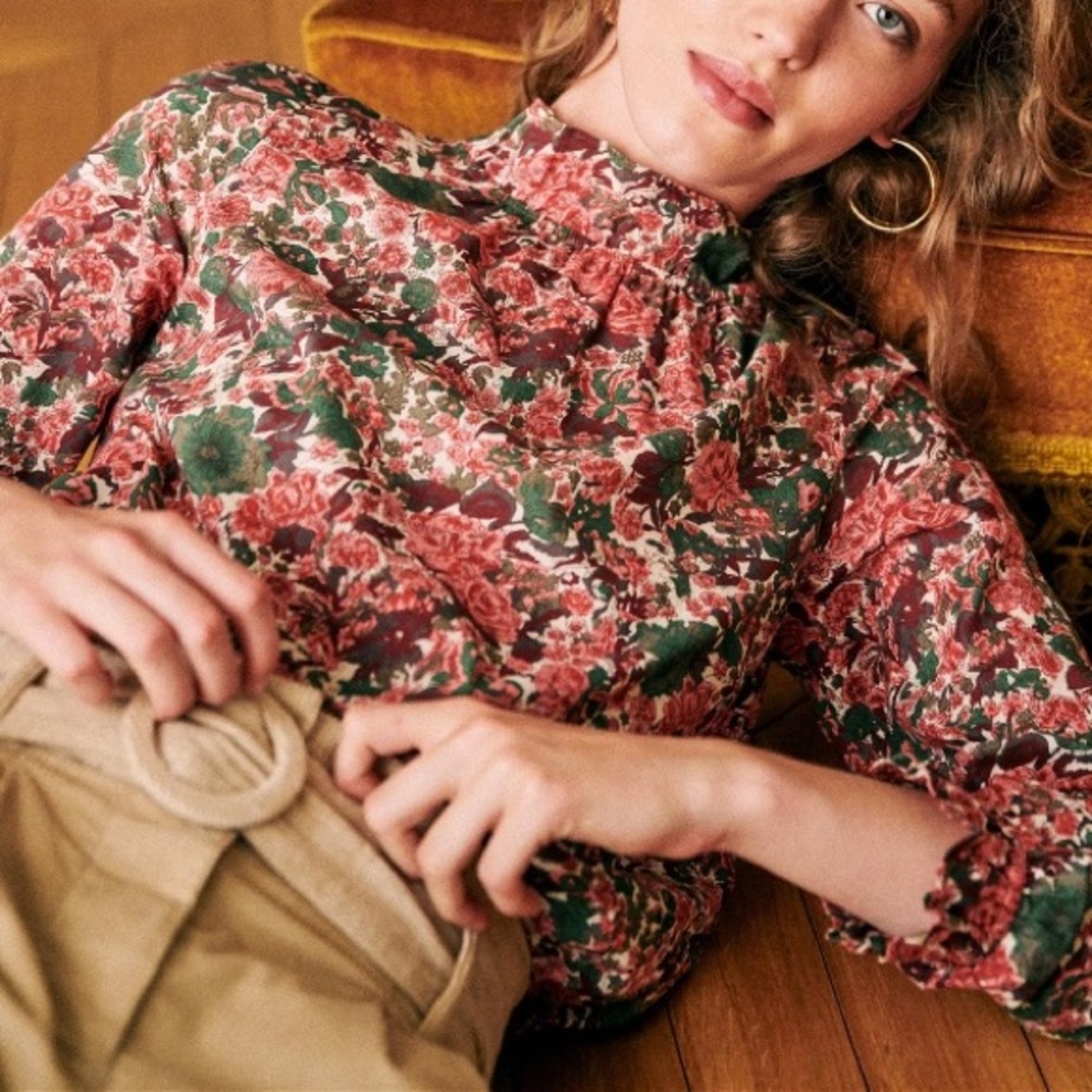 Sezane Floral Ruffled High-Neck Blouse in Rose and Green